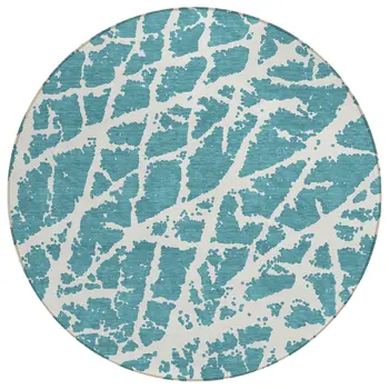 8' Round Teal Round Abstract Washable Non Skid Indoor Outdoor Area Rug