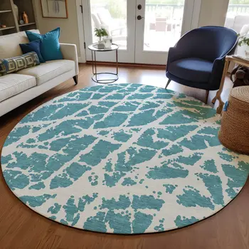 8' Round Teal Round Abstract Washable Non Skid Indoor Outdoor Area Rug