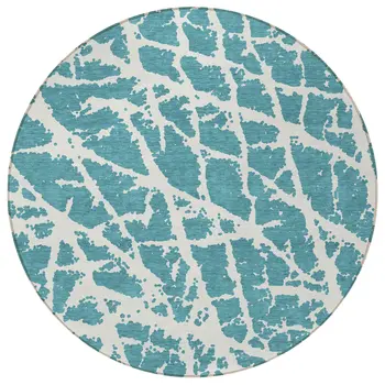 8' Round Teal Round Abstract Washable Non Skid Indoor Outdoor Area Rug