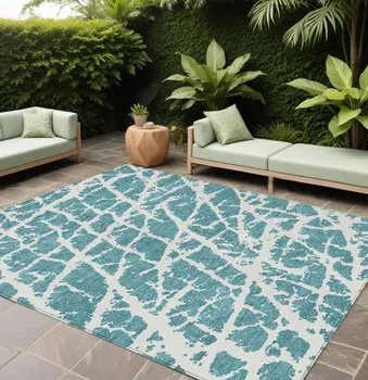 8' X 10' Teal Abstract Washable Non Skid Indoor Outdoor Area Rug