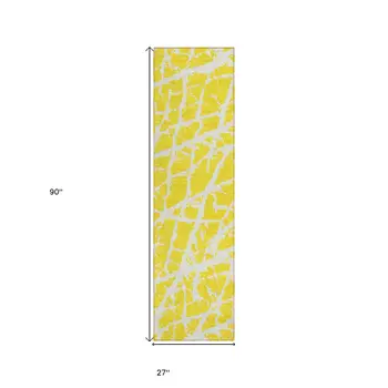 8' Runner Yellow and White Abstract Washable Non Skid Indoor Outdoor Runner Rug