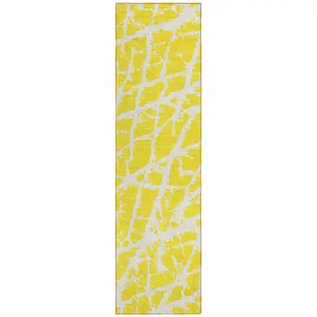 8' Runner Yellow and White Abstract Washable Non Skid Indoor Outdoor Runner Rug