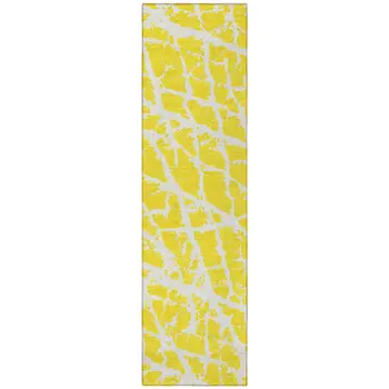 8' Runner Yellow and White Abstract Washable Non Skid Indoor Outdoor Runner Rug