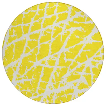 8' Round Yellow and White Round Abstract Washable Non Skid Indoor Outdoor Area Rug