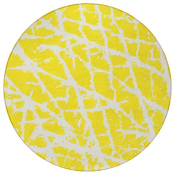 8' Round Yellow and White Round Abstract Washable Non Skid Indoor Outdoor Area Rug