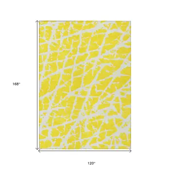 10' X 14' Yellow and White Abstract Washable Non Skid Indoor Outdoor Area Rug