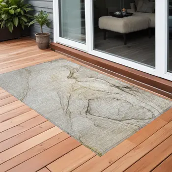 3' X 5' Beige and Gray Abstract Washable Non Skid Indoor Outdoor Area Rug