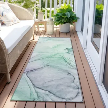 8' Runner Blue and Gray Abstract Washable Non Skid Indoor Outdoor Runner Rug