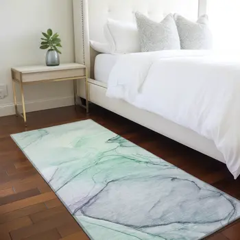 8' Runner Blue and Gray Abstract Washable Non Skid Indoor Outdoor Runner Rug