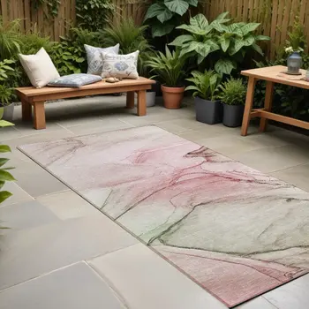 8' Runner Gray and Pink Abstract Washable Non Skid Indoor Outdoor Runner Rug