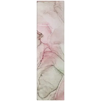 8' Runner Gray and Pink Abstract Washable Non Skid Indoor Outdoor Runner Rug