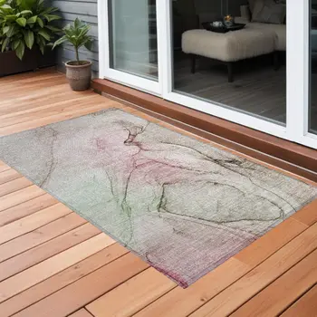 3' X 5' Gray and Pink Abstract Washable Non Skid Indoor Outdoor Area Rug
