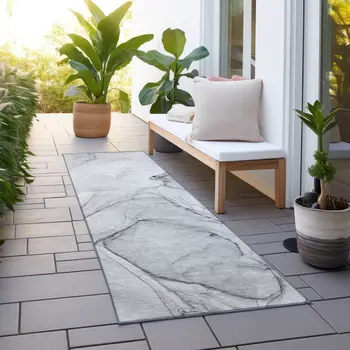 8' Runner Gray Abstract Washable Non Skid Indoor Outdoor Runner Rug
