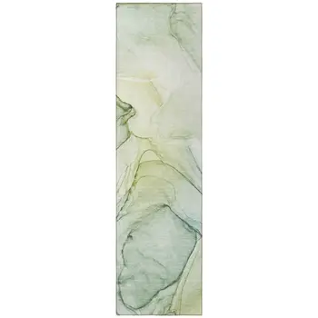 8' Runner Green Abstract Washable Non Skid Indoor Outdoor Runner Rug