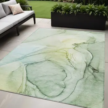 5' X 8' Green Abstract Washable Non Skid Indoor Outdoor Area Rug