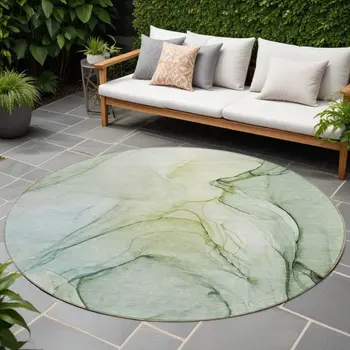 8' Round Green Round Abstract Washable Non Skid Indoor Outdoor Area Rug
