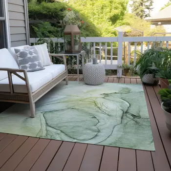 8' X 10' Green Abstract Washable Non Skid Indoor Outdoor Area Rug