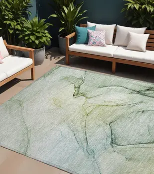 10' X 14' Green Abstract Washable Non Skid Indoor Outdoor Area Rug