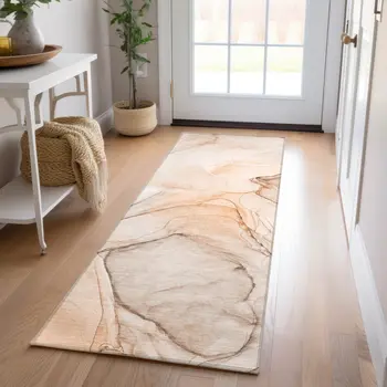 3' X 8' Beige and Orange Abstract Washable Non Skid Indoor Outdoor Runner Rug
