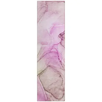 8' Runner Pink Abstract Washable Non Skid Indoor Outdoor Runner Rug