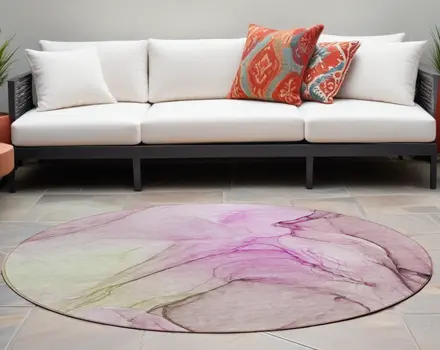 8' Round Pink Round Abstract Washable Non Skid Indoor Outdoor Area Rug