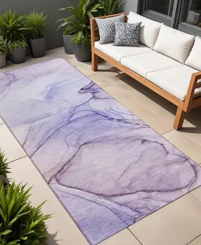 2' X 8' Gray and Purple Abstract Washable Non Skid Indoor Outdoor Runner Rug