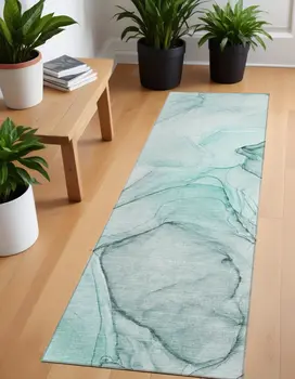 2' X 8' Teal and Gray Abstract Washable Non Skid Indoor Outdoor Runner Rug