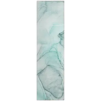2' X 8' Teal and Gray Abstract Washable Non Skid Indoor Outdoor Runner Rug