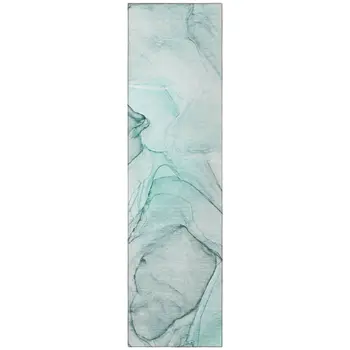 2' X 8' Teal and Gray Abstract Washable Non Skid Indoor Outdoor Runner Rug