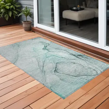 3' X 5' Teal Abstract Washable Non Skid Indoor Outdoor Area Rug