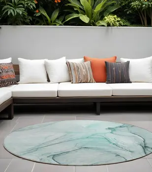 8' Round Teal Round Abstract Washable Non Skid Indoor Outdoor Area Rug
