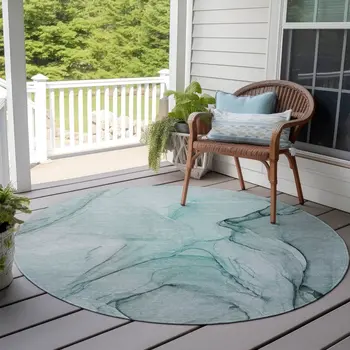 8' Round Teal Round Abstract Washable Non Skid Indoor Outdoor Area Rug
