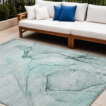 10' X 14' Teal Abstract Washable Non Skid Indoor Outdoor Area Rug