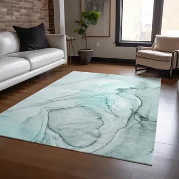 10' X 14' Teal Abstract Washable Non Skid Indoor Outdoor Area Rug