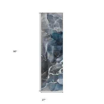 8' Ivory Blue And Gray Abstract Washable Indoor Outdoor Runner Rug