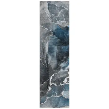 8' Ivory Blue And Gray Abstract Washable Indoor Outdoor Runner Rug