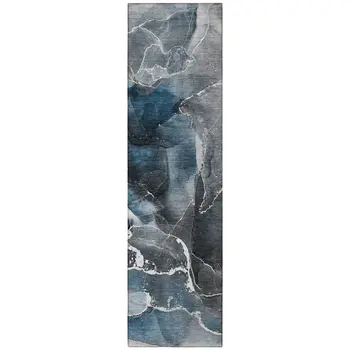 8' Ivory Blue And Gray Abstract Washable Indoor Outdoor Runner Rug