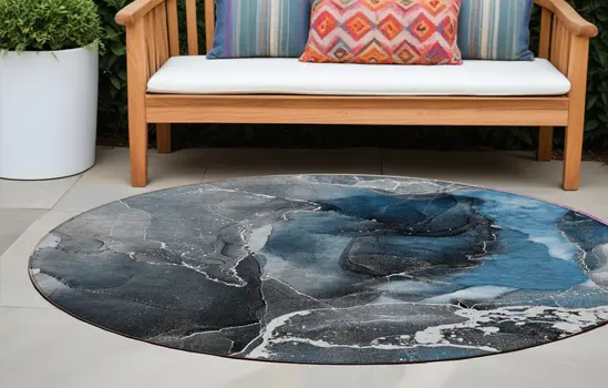 8' Round Ivory Blue and Gray Round Abstract Washable Non Skid Indoor Outdoor Area Rug