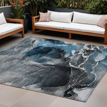 10' X 14' Ivory Blue and Gray Abstract Washable Non Skid Indoor Outdoor Area Rug