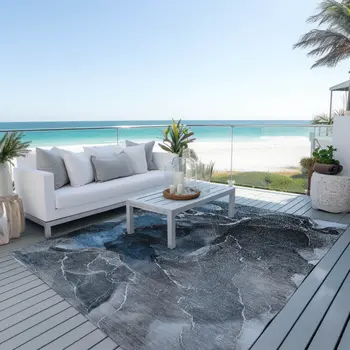 10' X 14' Ivory Blue and Gray Abstract Washable Non Skid Indoor Outdoor Area Rug