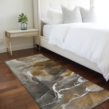 8' Runner Brown and Gray Abstract Washable Non Skid Indoor Outdoor Runner Rug