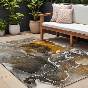9' X 12' Brown and Gray Abstract Washable Non Skid Indoor Outdoor Area Rug