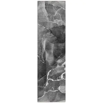 8' Runner Black Gray and White Abstract Washable Non Skid Indoor Outdoor Runner Rug