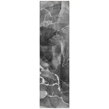 8' Runner Black Gray and White Abstract Washable Non Skid Indoor Outdoor Runner Rug