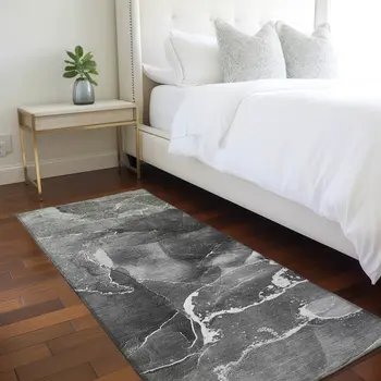 8' Runner Black Gray and White Abstract Washable Non Skid Indoor Outdoor Runner Rug
