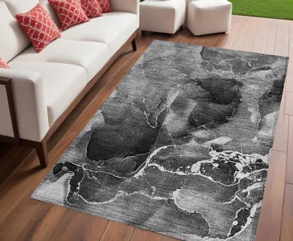 5' X 8' Black Gray and White Abstract Washable Non Skid Indoor Outdoor Area Rug