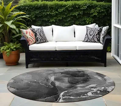 8' Round Black Gray and White Round Abstract Washable Non Skid Indoor Outdoor Area Rug