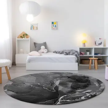 8' Round Black Gray and White Round Abstract Washable Non Skid Indoor Outdoor Area Rug