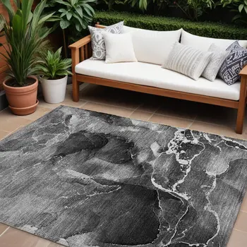 10' X 14' Black Gray And White Abstract Washable Indoor Outdoor Area Rug