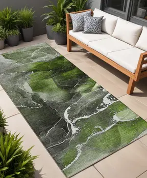 8' Runner Green Abstract Washable Non Skid Indoor Outdoor Runner Rug